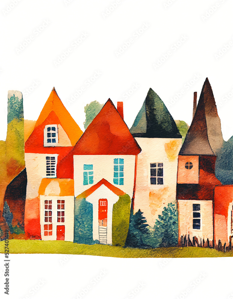 Naklejka premium Watercolor painting of a little street with old houses. Illustration isolated on white background