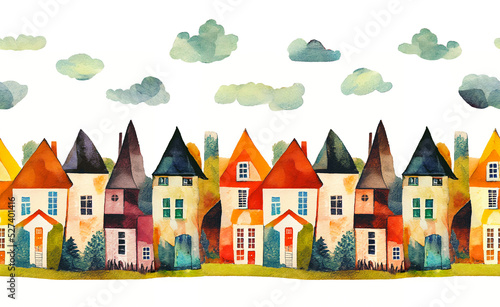 Seamless pattern with watercolor houses and clouds. Illustration for wrapping paper, wallpapers, prints, textile. Isolated on white background.