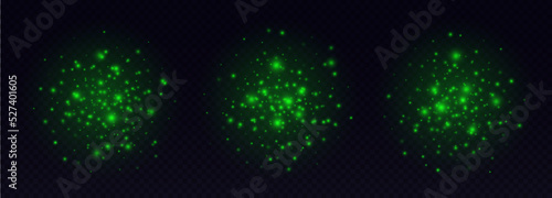 Green sparkles, shiny particles light effect, bright glowing stars, cosmic starburst, fairy stardust isolated on black. Vector illustration.
