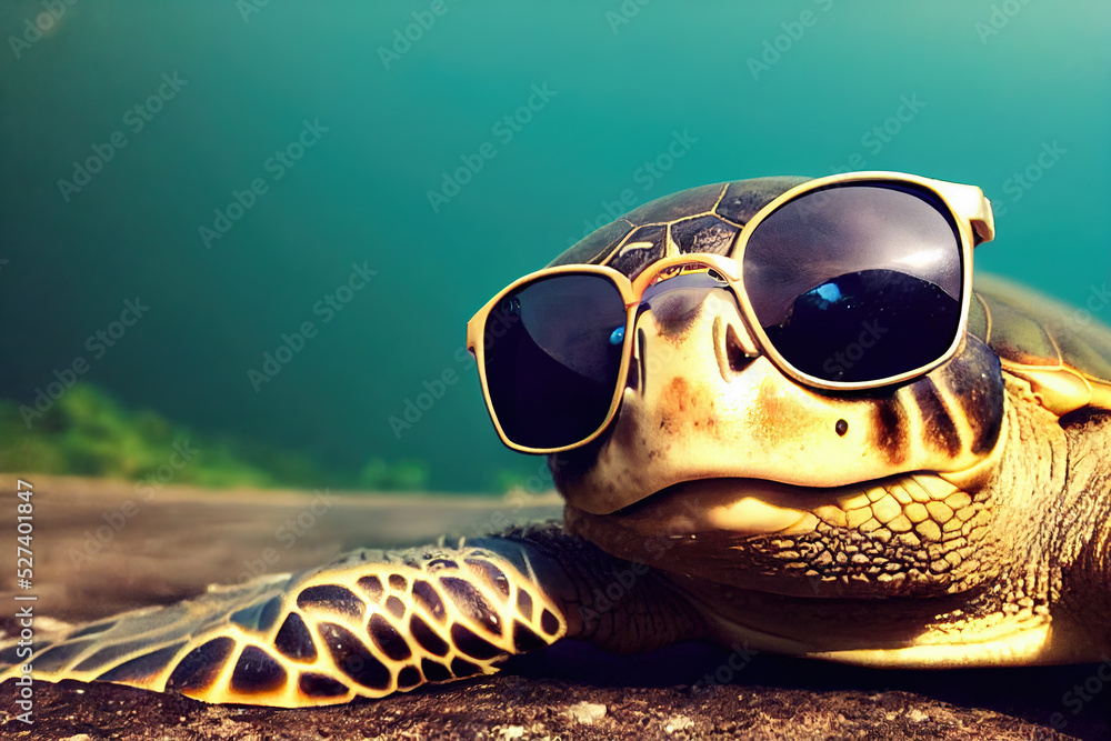 Illustrazione Stock 3D-image of cute sea turtle wearing a sunglasses.  AI-generated picture, not based on any actual scene | Adobe Stock