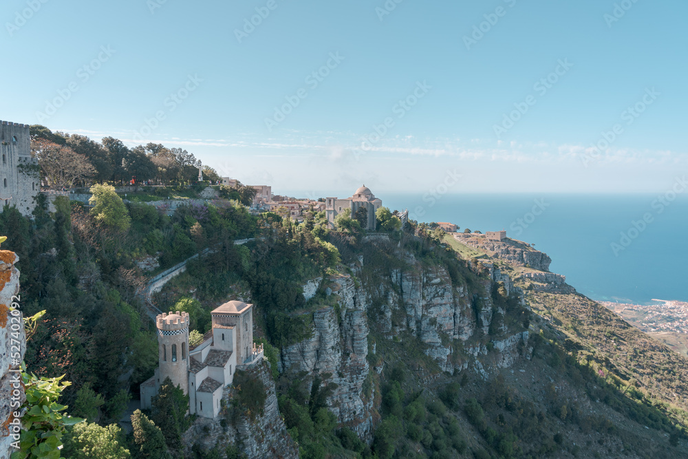 Erice is a city on the island of Sicily, Italy. Located on top of Mount Erice, at around 750 meters above sea level in Trapani, Sicily. Beautiful View of the castle.