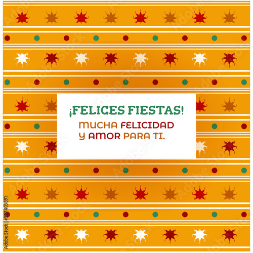 "Felices fiestas, mucha felicidad y amor para ti" en el texto. Tarjeta cuadrada de felicitación por las fiestas decembrinas, patrón de fondo de pequeñas piñatas.