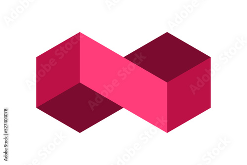 Red Infinity symbol made of cubes. Geometric rectangular eternal sign. 3D isometric projection. Two cubes connected. Hexagon logo template. Unity connection concept. Vector illustration, clip art.   photo