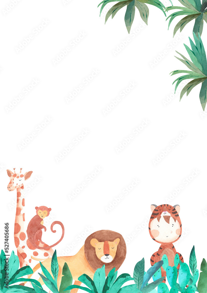 Safari animals watercolor templates illustration for nursery and baby shower with lion, giraffe and zebra, A4