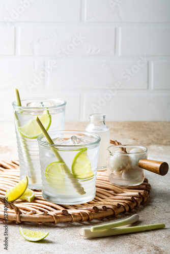 Lemongrass Honey Lime and Lychee cocktail. Lime soda lemongrass ginger refreshing summer drink. Lychee Mojito