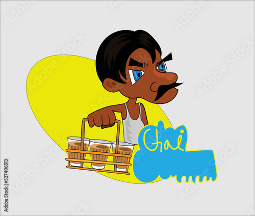 chai wala cartoon character Indian, Pakistani street tea seller
