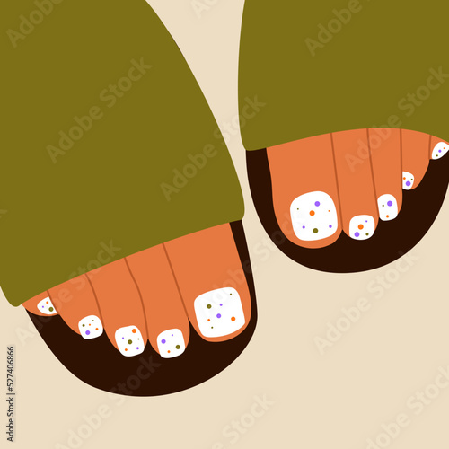 Woman pedicure design. Female cartoon feet fingers colorful polished nails, leg treatment concept. Vector illustration