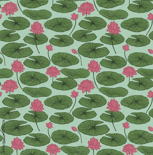 Seamless pattern of waterlilies or lotuses floating on blue water background and detailed Lilly pads. Great for textiles, fashion, stationery, decor, wallpaper, invites, decorative, contemporary style