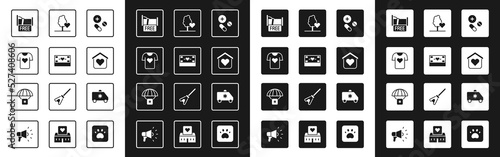 Set Medicine pill or tablet, Donation and charity, Clothes donation, Free overnight stay house, Shelter for homeless, Volunteer team planting trees, Emergency car and Humanitarian aid icon. Vector
