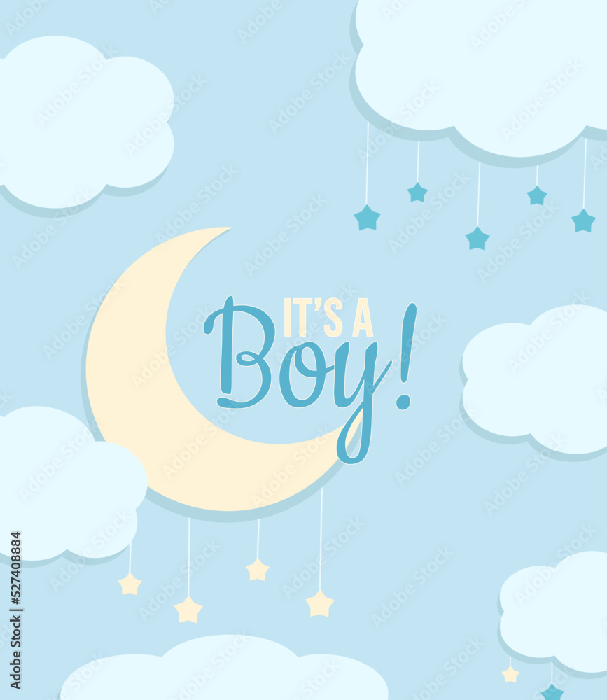 It's a boy baby shower card with a moon and clouds with a stars on the blue background
