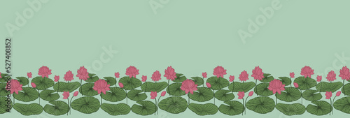 Seamless repeating vector border design pattern of waterlilies or lotus flowers, buds, and lotus pads. Great for textiles, stationery, decor, invites, decorative, contemporary style