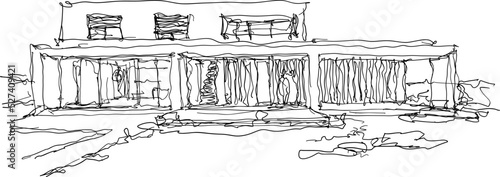 hand drawn architectural sketch of modern two story detached house with flat roof and swimming pool