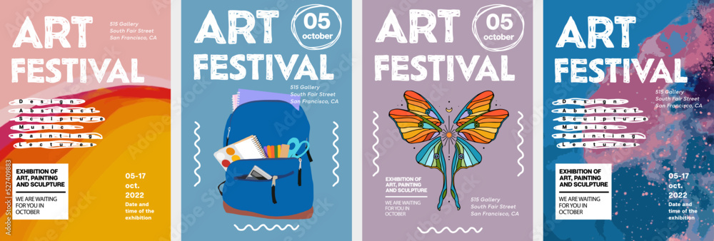 Art posters for festival or an exhibition of painting, culture, sculpture, music and design. Vector abstract modern illustrations for creative festivals and events - obrazy, fototapety, plakaty 