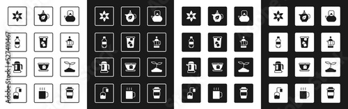 Set Kettle with handle, Ice tea, Bottle of water, Flower, French press, Teapot leaf, and Electric kettle icon. Vector