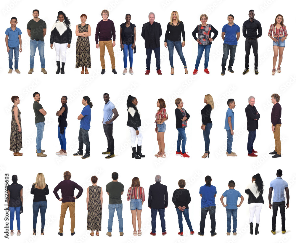 © curto - view of the same group of people seen from the front, back and side