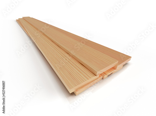 Fototapeta Stack of wooden boards on white floor, isolated. 3D rendering.