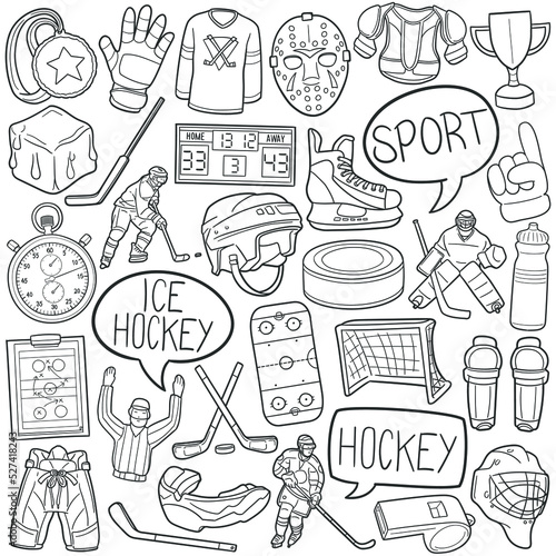 Ice Hockey Doodle Icons. Hand Made Line Art. Winter Sports Clipart Logotype Symbol Design.
