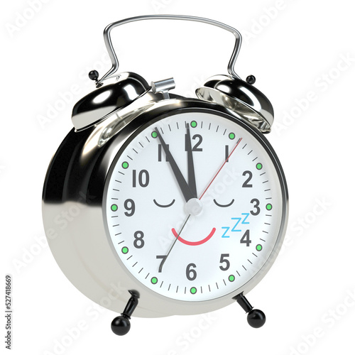 Funny alarm clock sleeps isolated on white background. 3D rendering