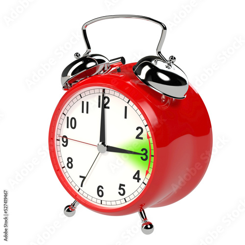 Daylight saving time concept. Alarm clock isolated on white background. 3D rendering