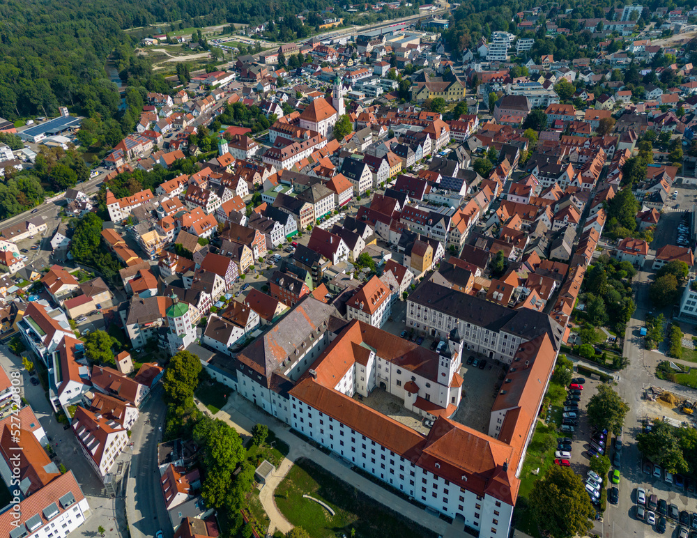 Aerial view around the old town of the city Günzburg  in Germany, Bavaria on a sunny day in summer