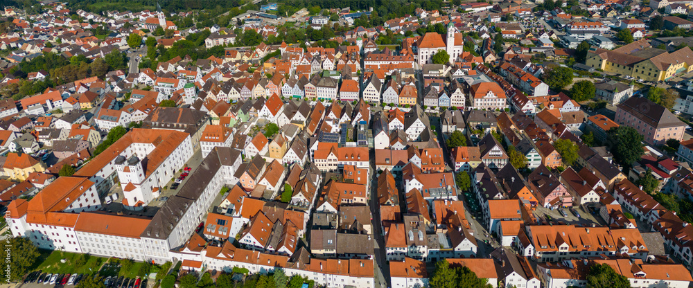 Aerial view around the old town of the city Günzburg  in Germany, Bavaria on a sunny day in summer