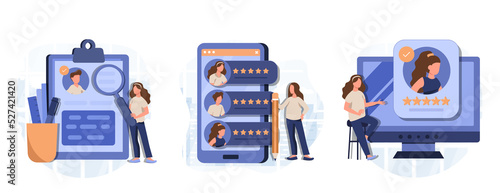 Hiring illustration set. Hr managers searching new employee, reading CV and giving job candidate review. Character applying for work position. Job recruitment process concept. Vector illustration.
