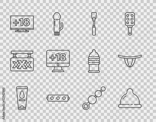Set line Personal lubricant, Condom, Leather whip, Silicone ball gag with belt, Monitor 18 plus content, Anal beads and Woman panties icon. Vector