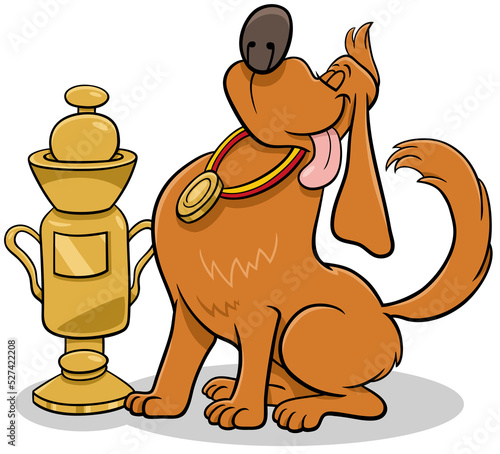 cartoon dog with a cup and a medal from the dog show
