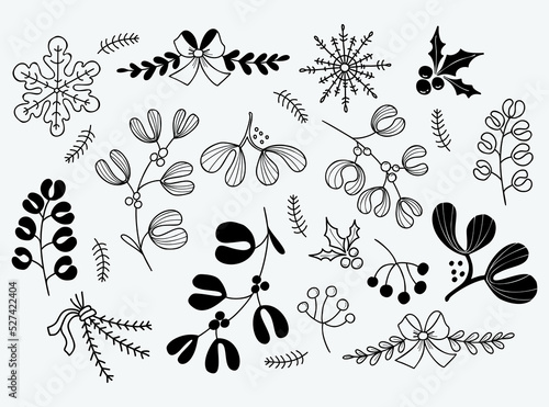 New Years doodles. Christmas mistletoe branches, berries, leaves, spruce branches, plants, snowflakes. Vector illustration. Hand drawn. Isolated elements of Christmas decor and plants.