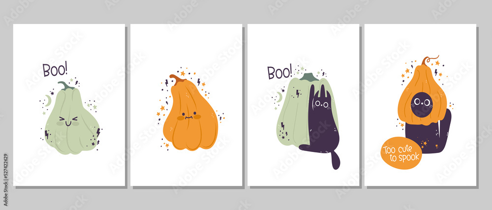 Decorating a child's room. Cute black cat and pumpkins. Nursery wall arts. Kawaii Pumpkin  Halloween characters. Set of vector illustrations perfect for cards, invitations, posters.