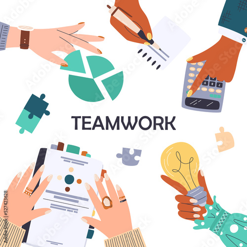 Teamwork and collaboration concept with different female hands and business related objects. Businesswomen in communication and brainstorming about project. Unity vector hand drawn flat illustration