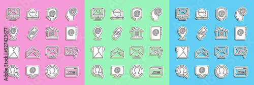 Set line Website template, Envelope, Address book, Shield with mail and e-mail, Chain link, Location, Monitor envelope and House icon. Vector