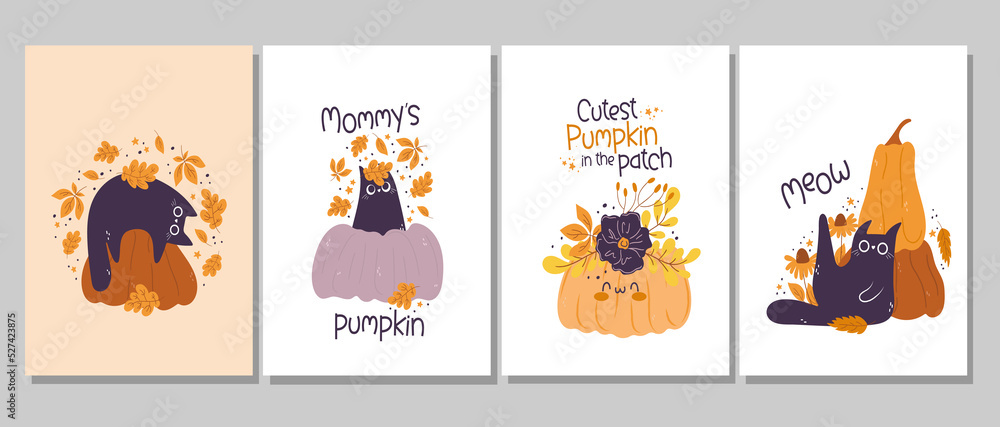 Decorating a child's room. Cute black cat and pumpkins. Nursery wall arts. Kawaii Pumpkin  autumn characters. Set of vector illustrations perfect for cards, invitations, posters.