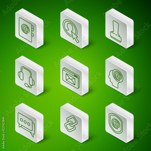 Set line Shield with mail and e-mail, Chain link, Address book, Website envelope, Headphones, Create account screen, Speech bubble chat and Mail icon. Vector