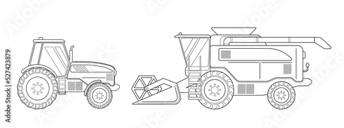 Combine harvester and tractor. Agriculture industrial farm equipment machinery. Agricultural vehicle vector outlined illustration. Commercial transport isolated on white.