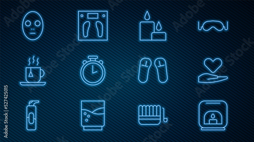 Set line Aroma lamp, Heart on hand, Burning candle, Stopwatch, Cup of tea with tea bag, Facial cosmetic mask, Slipper and Bathroom scales icon. Vector