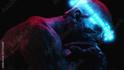 Face of the thinker sculpture with binary code rotating around head. Futuristic 3D statue animation on dark background. Greek monument in modern art style. Crypto Art photo