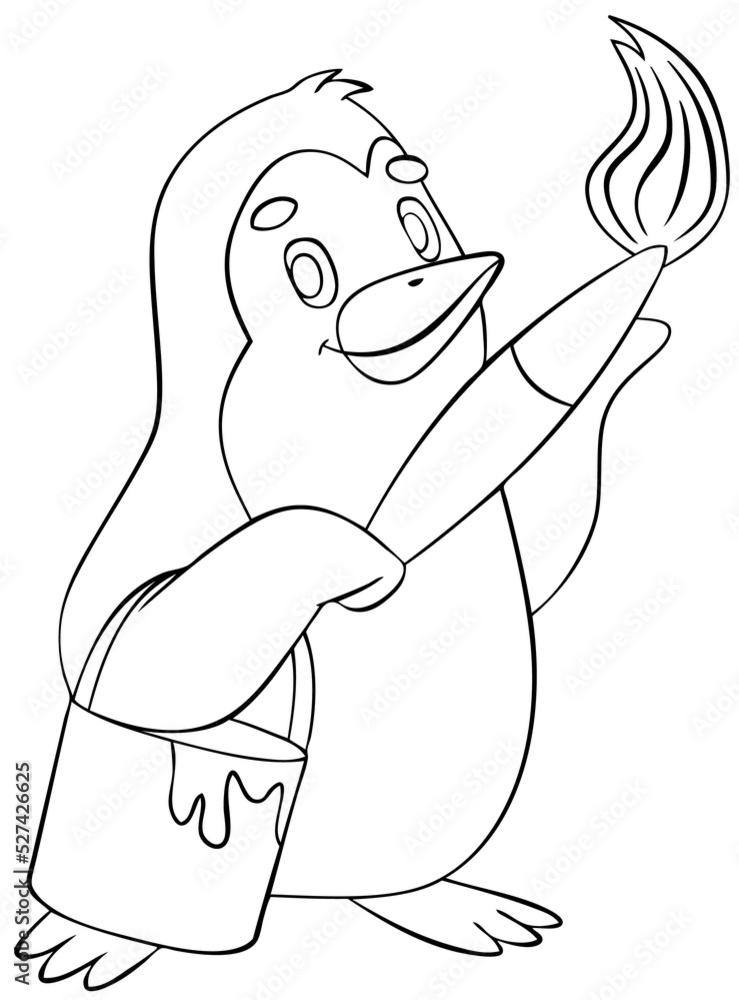 Obraz premium Penguin with a brush. Element for coloring page. Cartoon style.