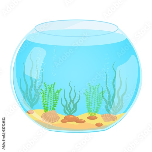 Empty aquarium with algae. Vector illustration in cartoon style.