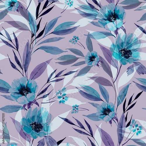 watercolor floral pattern on blue background, hand painted. 