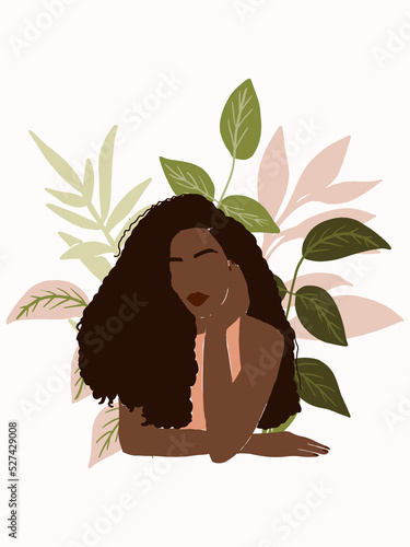 Black skin woman portrait vector illustration. Female with afro hair and  tropical leaves background. Fashion feminine artwork for print, poster, social media, post, card, sticker, wall art, t-shirt