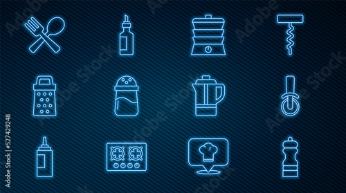 Set line Pepper, Pizza knife, Slow cooker, Salt, Grater, Crossed fork and spoon, Teapot and Bottle of olive oil icon. Vector