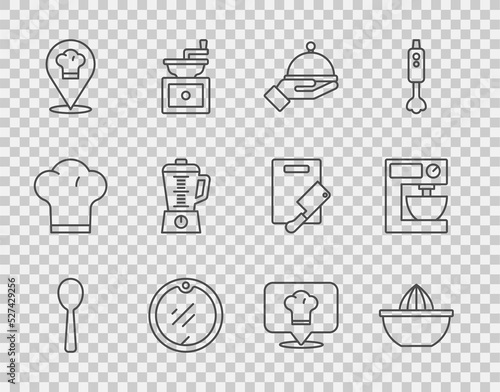 Set line Spoon, Citrus fruit juicer, Covered with tray, Cutting board, Chef hat location, Blender, and Electric mixer icon. Vector