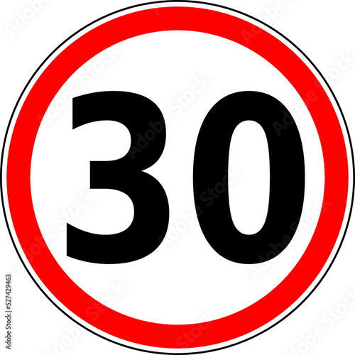 Vector graphic of a uk 30 miles per hour speed limit road sign. It consists of a large number contained within a red circle