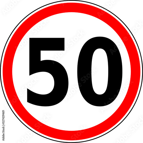 Vector graphic of a uk 50 miles per hour speed limit road sign. It consists of a large number contained within a red circle
