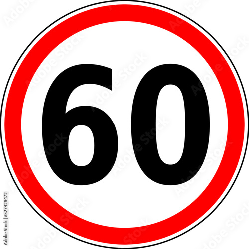 Vector graphic of a uk 60 miles per hour speed limit road sign. It consists of a large number contained within a red circle