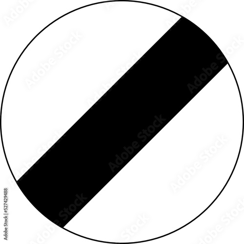 Vector graphic of a uk national speed limit road sign. It consists of a diagonal black bar contained within a black circle
