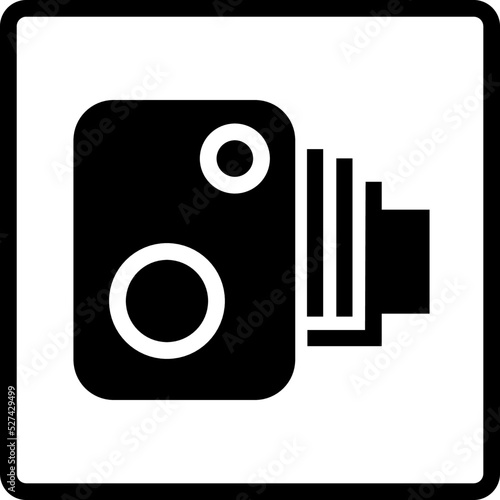 Vector graphic of a uk warning of a speed camera ahead road sign. It consists of a representation of a speed camera symbol contained within a black square photo