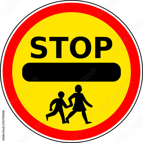 Transparent PNG file Vector graphic of a uk children crossing ahead road sign. It consists of a two children holding hands crossing the road on a yellow background all contained within a red circle