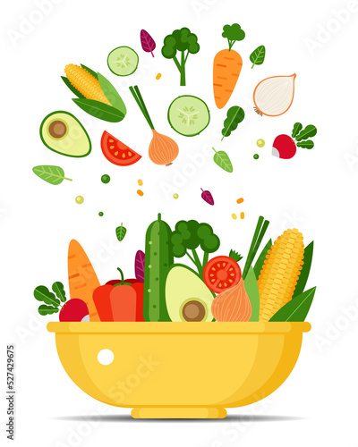 Fresh vegetables in a bowl isolated on white background. Organic products for healthy eating. Vector flat graphic design